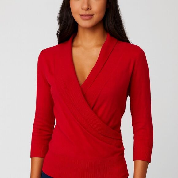 AB studio solid red v neck half sleeve sweater blouse stretchy light weight M - Picture 2 of 10